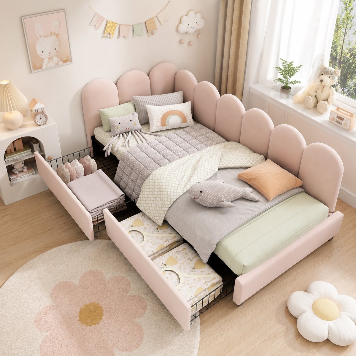 Welltin Gestoffeerd bed 90x200 cm - Eenpersoonsbed 90x200 cm - Met lades - Bed met opbergruimte - Fluwelen slaapbank - slaapbank 90x200 cm - Kinderbed - Met lattenbodem - Lichtroze