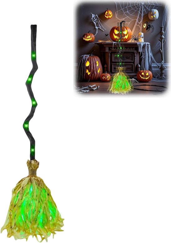 Gedetailleerde weergave van een heksenbezem met groene LED's en een kleine inset-afbeelding van een Halloween-scène.