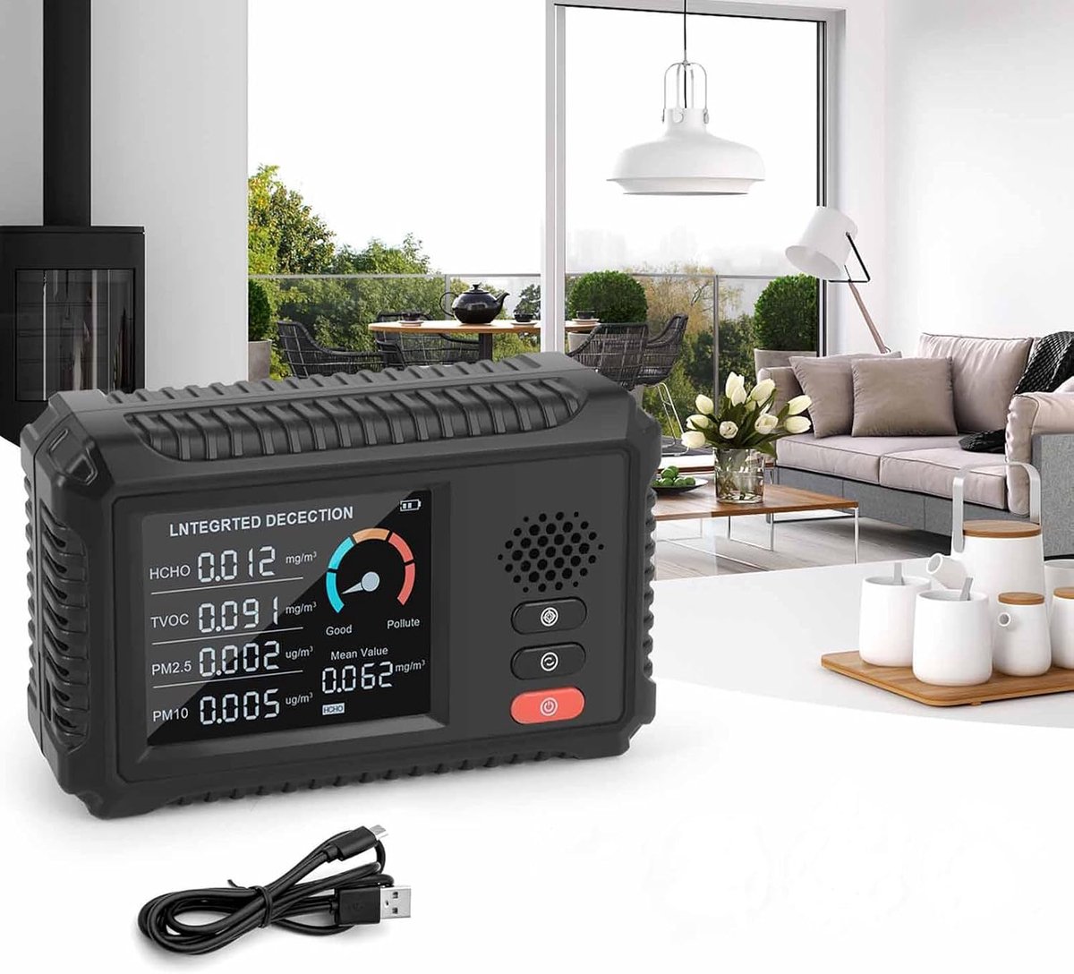 Multifunctionele Luchtkwaliteitsdetector, 4-In-1 Hcho Tvoc Pm2.5 Pm10 Lcd-Meter Bureau Usb Oplaadbare Binnenluchtkwaliteitsmonitor, Voor Thuis, Auto, Tent, Reizen