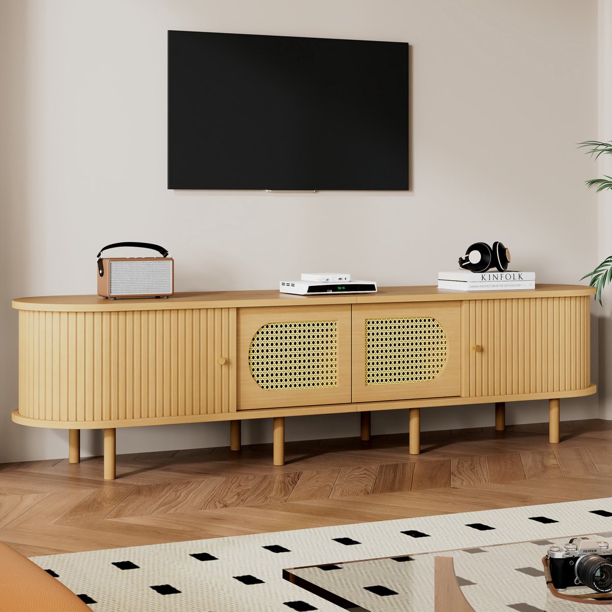 MODENUIT Televisiemeubel - Rattan Design Met 2 Deuren En 2 Roldeuren - Woonkamer - MDF - Licht Houtkleur - 180x40x40 Cm Lichte houtkleur