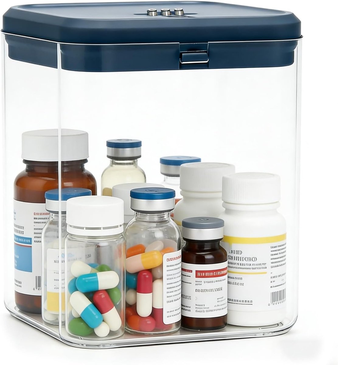 Lockable Medicijnopslagdoos 14.2 x 14.2 x 16 cm - Transparante Doos met Combinatieslot voor Thuis, Keuken en Kantoor