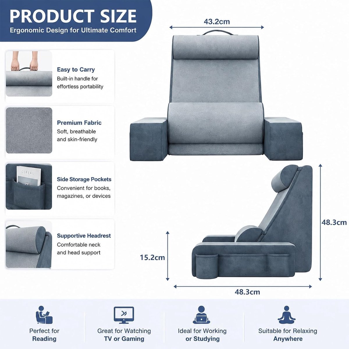 Wigkussen bed - Grijs - Groot - Fluwelen en Spons - Ergonomisch Leeskussen met Afneembare Nekrol en Lendensteun