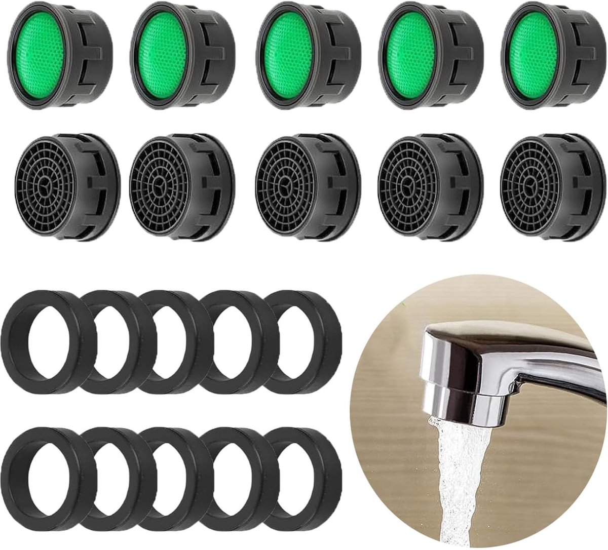 10-delige Set voor Kraanaeratie, Inclusief Filter met Sealing Ring, Stroombegrenzer en Mengmondstuk, Waterbesparende Accessoires voor Badkamer en Keuken