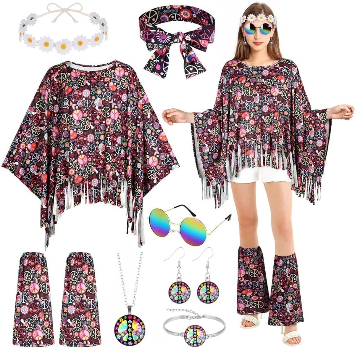 Vintage 9-delige kostuumset voor dames in jaren 60 en 70 stijl met accessoires zoals brillen, hoofdband en laarzenhoezen voor carnaval en Halloween