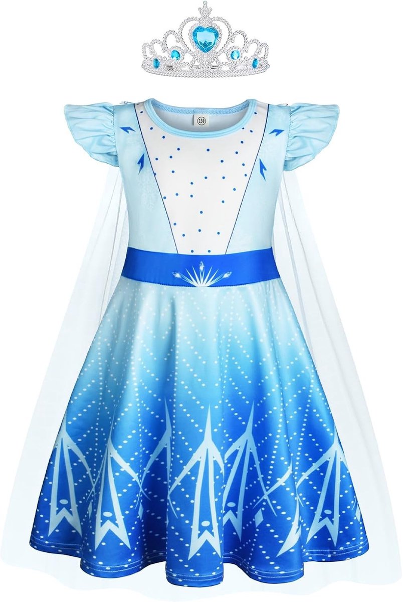 Elsa Kostuum voor Meisjes - Prinsessen Jurk met Rimpel Mouwen, Tiara en Accessoires voor Halloween, Verjaardagen en Feestjes