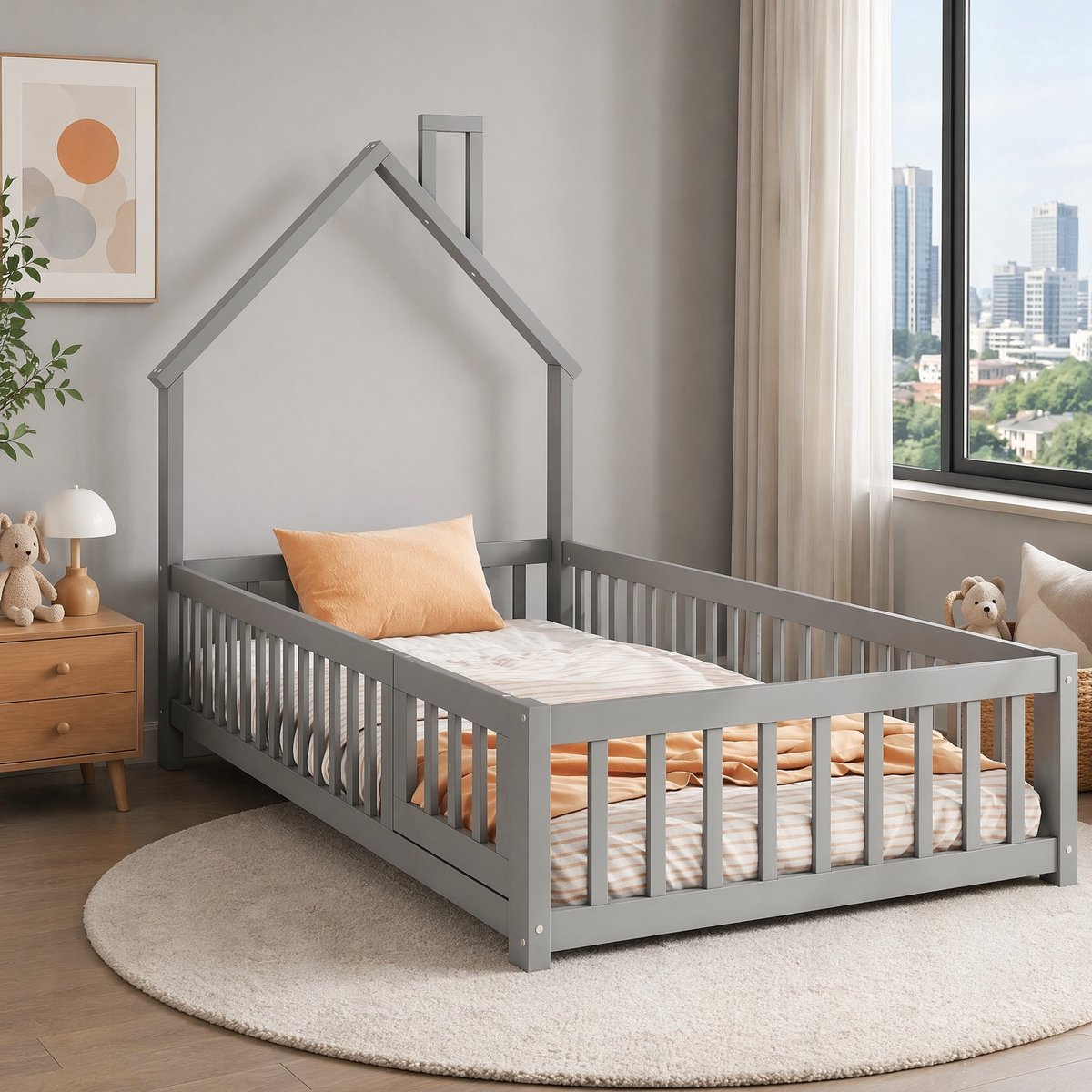 COVREO Kinderbed met schoorsteen – 90x200 cm – Huisbed met lattenbodem en veiligheidshek – Bed voor kinderkamer – Grijs - zonder matras
