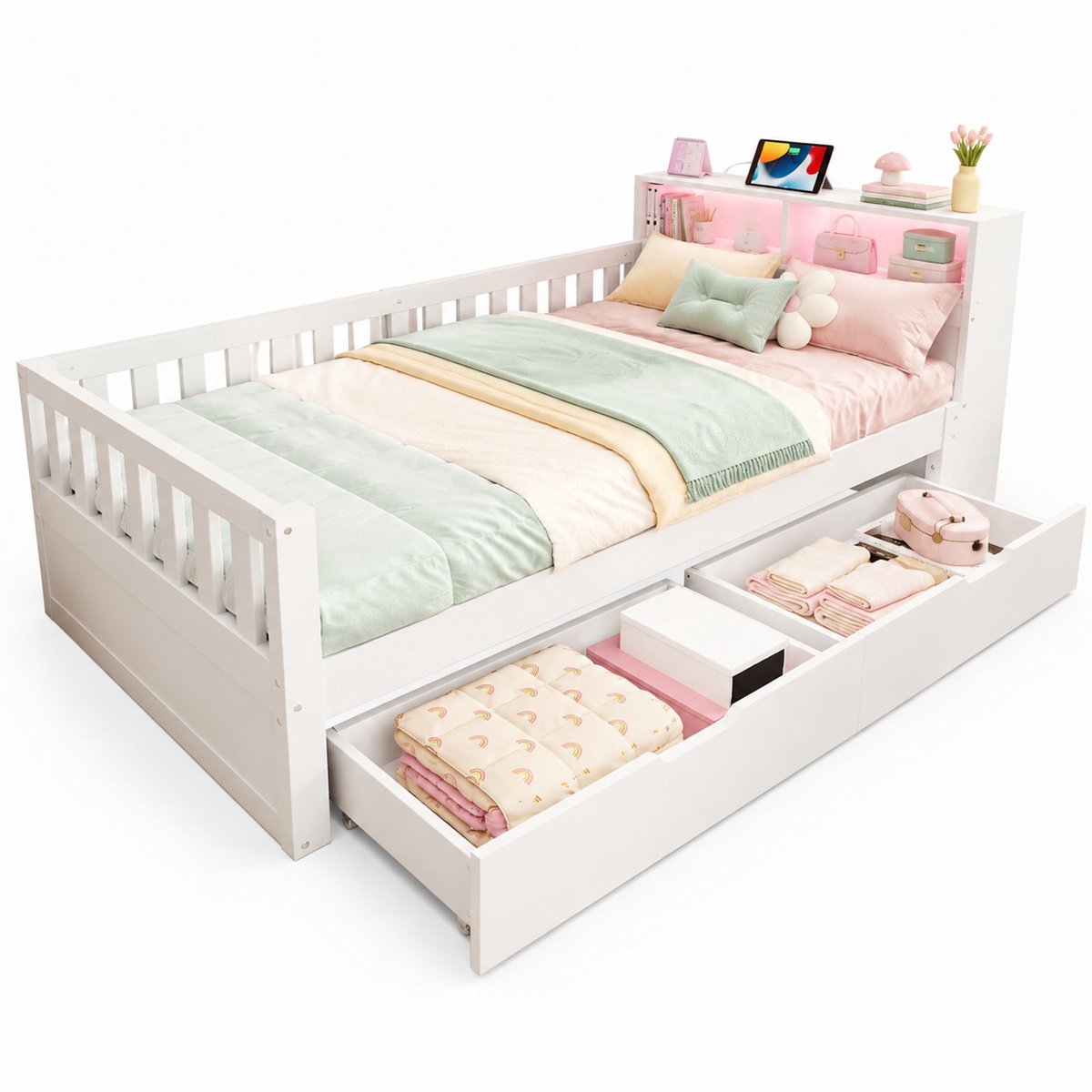 WUVRIE Eenpersoonsbed 90x200 cm met 2 lades, opbergvakken, LED en laadpunten, veiligheidshekken, wit