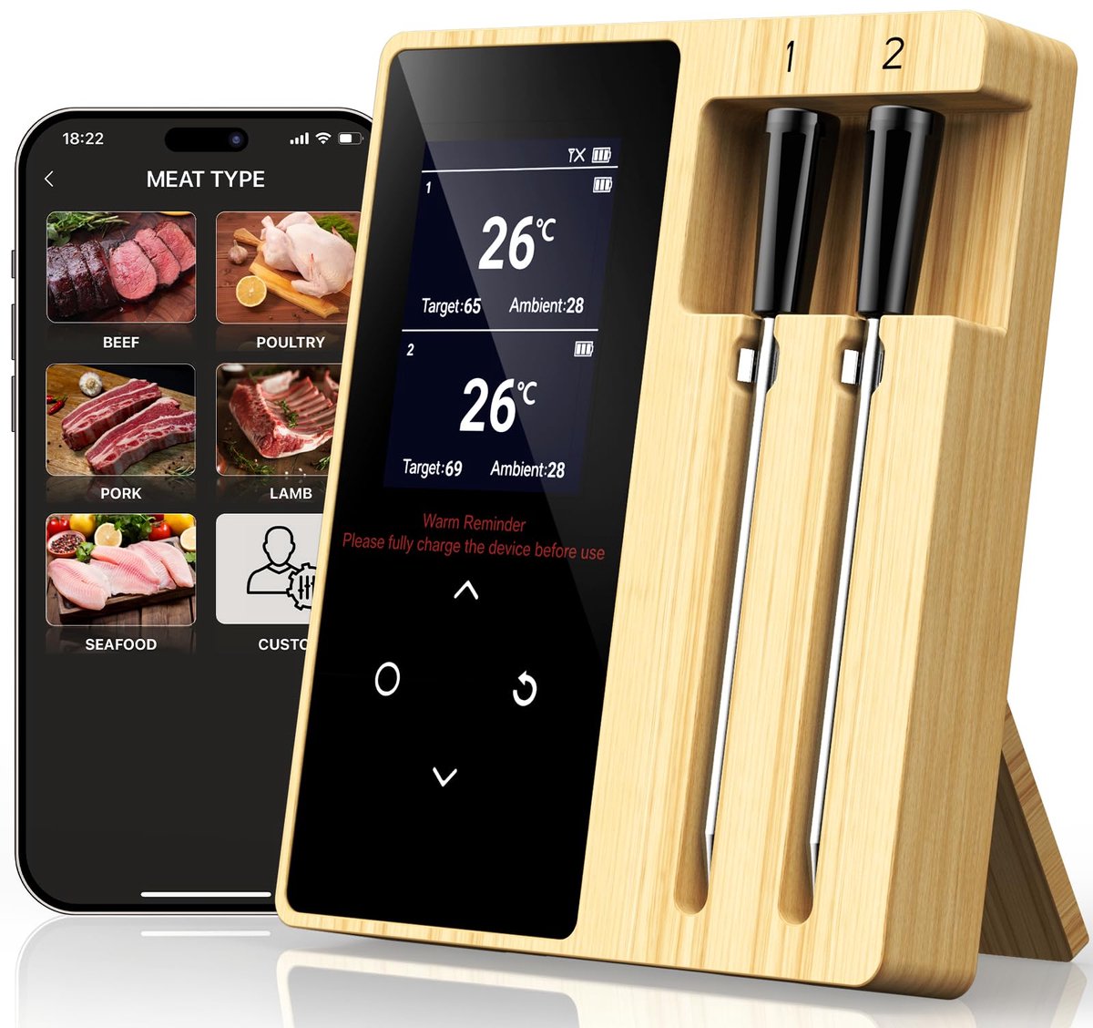 Vlees Thermometer Draadloos, Met 2 Probes, LCD Display, App Control, Ip67 Waterdicht Met Timer En Alarm Functie - ShopVlot