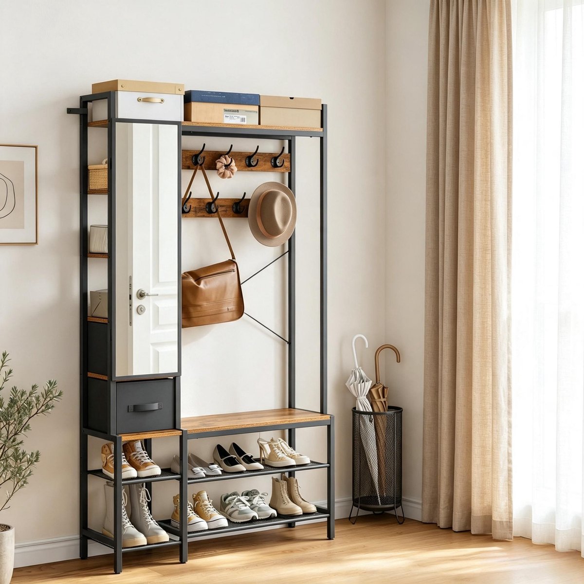 REDOM - Kledingrek met spiegel - 6-in-1 garderobeeenheid met haken, lade, bank en schoenenrek - Met verstelbare schoenplanken - MDF en metaal - Zwart en rustiek bruin - 100 x 30 x 180 cm