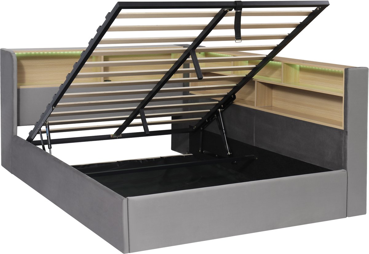 Opklapbed 140x190 Cm - Hydraulisch Bed Met Led En Usb C - Met Opbergruimte - Kinderkamer - Stof - Grijs - Zonder Matras