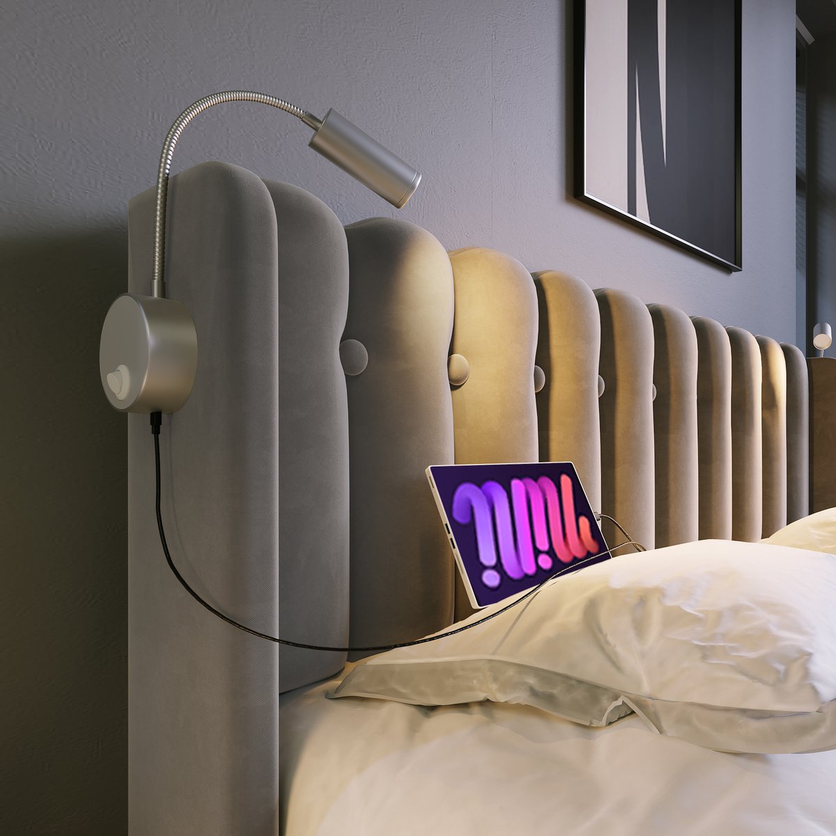 WUVRIE Gestoffeerd bed 90x200 cm met leeslicht, USB en opbergruimte, grijs