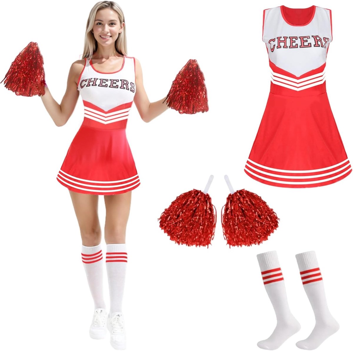Vrouwelijk Cheerleader Kostuum met Pompoms voor Meisjes en Dames, Perfect voor Feestjes en Sportevenementen, Inclusief Uniform en Accessoires