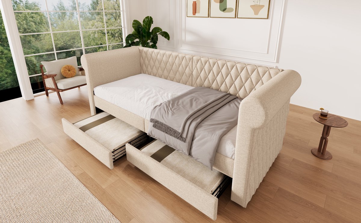 WUVRIE Slaapbank 90x200 cm met 2 lades en lattenbodem, beige linnen zonder matras