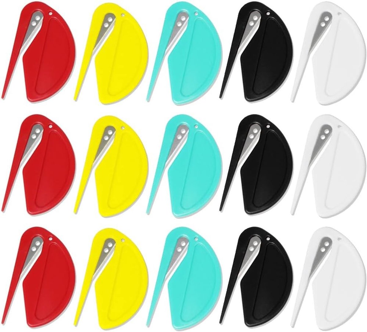 Set van 15 Mini Briefopeners en Pakketopeners - Efficiënte Foilmes met Scherpe Randen voor Enveloppen, Pakketten en Papercuts in 5 Kleuren (Zwart, Wit, Rood, Geel en Groen)