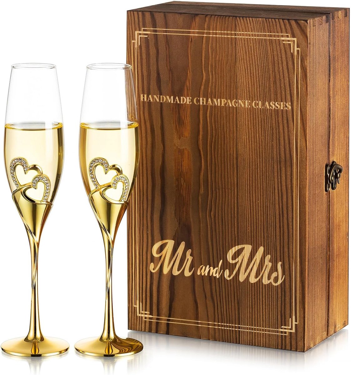 Set van 2 Gouden Champagneglazen in Houten Cadeaubox - Perfect voor Bruiloften, Verlovingen en Jubilea - Prosecco Glazen voor Stellen en Feestelijke Gelegenheden