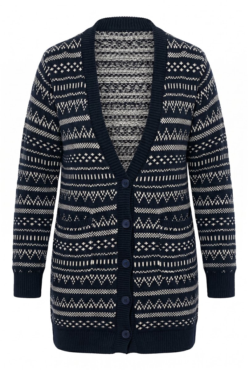 Ulla Popken - Dames - Lang gebreid vest jacquard V-hals lange mouwen - Marine - Maat 58+