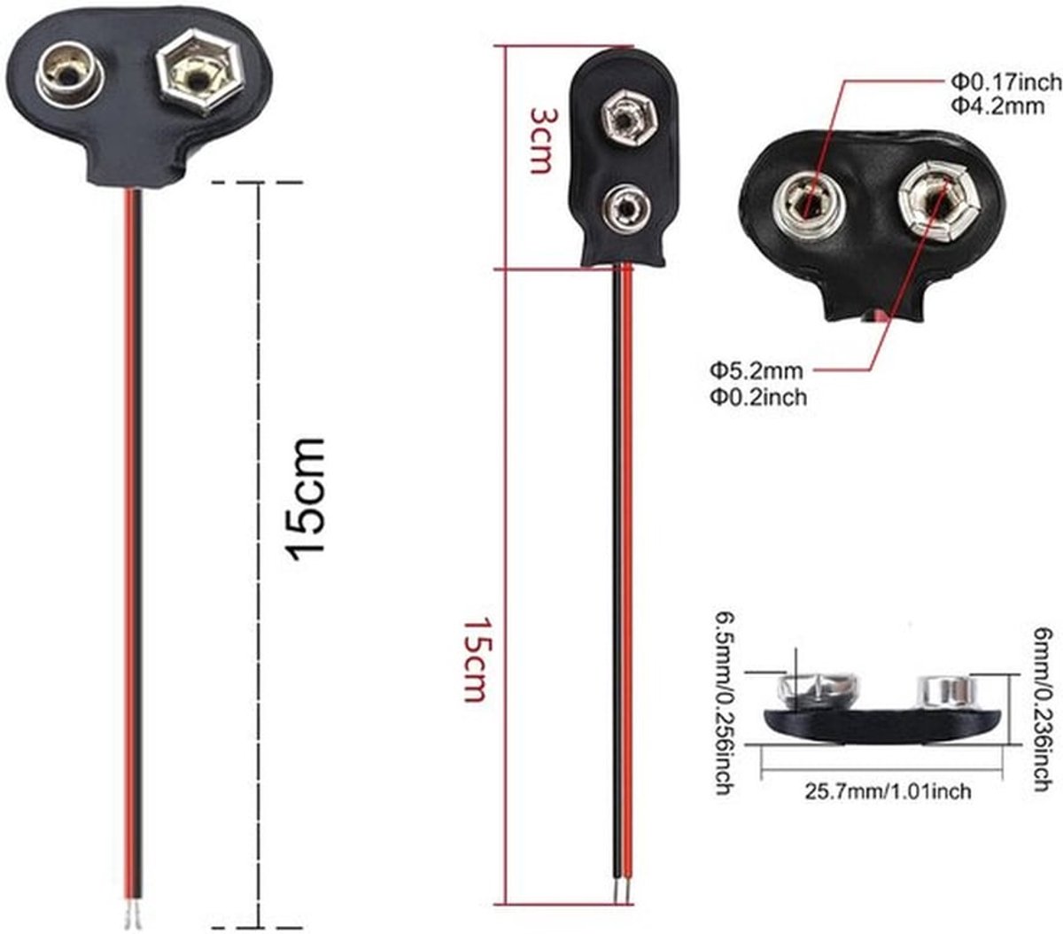 - 9 V Batterij Snap Connector - Batterij Clip Connector - 15 cm Verbinding - Plastic Behuizing - Type I en T - Geschikt voor Diverse Toepas...