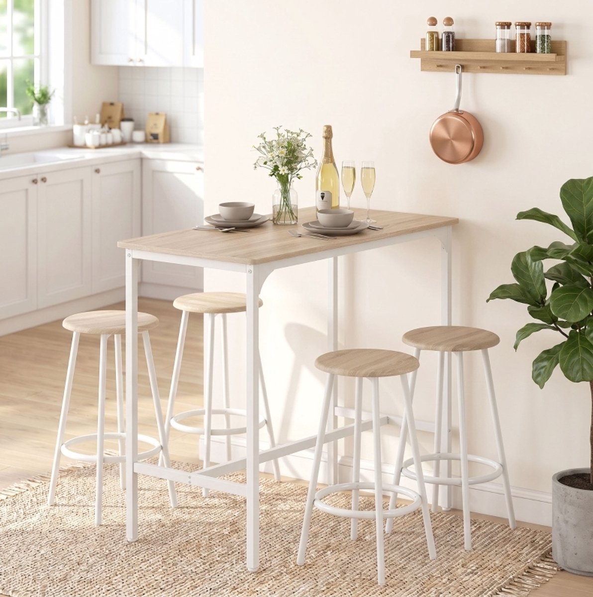 OKWISH Bartafelset Met 4 Barkrukken - Industrieel Ontwerp - Voor Keuken En Eetkamer - Oak - 110 X 50 X 89,5 Cm