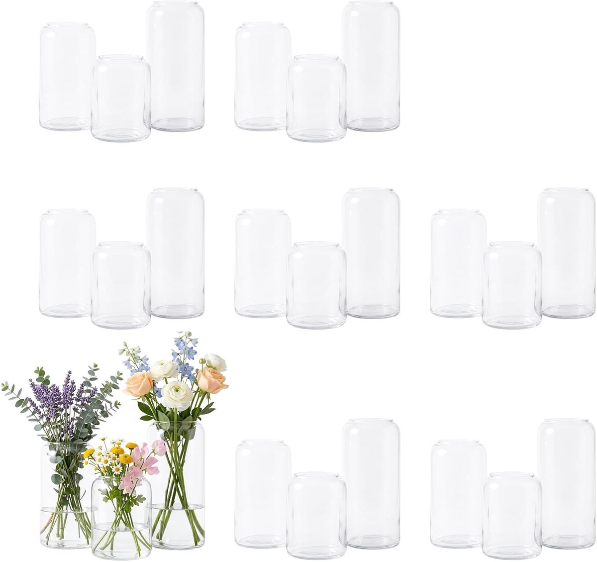 Set van 24 Glazen Cilindervazen met Tapered Nek, Kleine Vazen voor Tafelversiering, Heldere Glazen Bloemenvazen voor Bloemen en Decoratie (10cm + 12.5cm + 17cm)