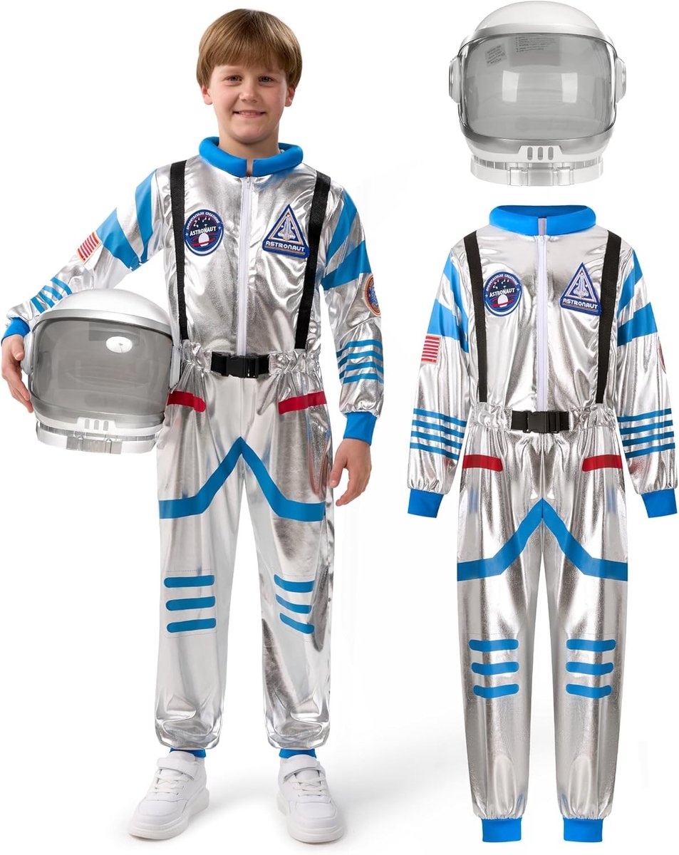 Unisex Halloween Astronaut Kostuum voor Kinderen met Helm en Overall in Zilver en Blauw voor Cosplay en Feestjes (3T, 3-4 Jaar)