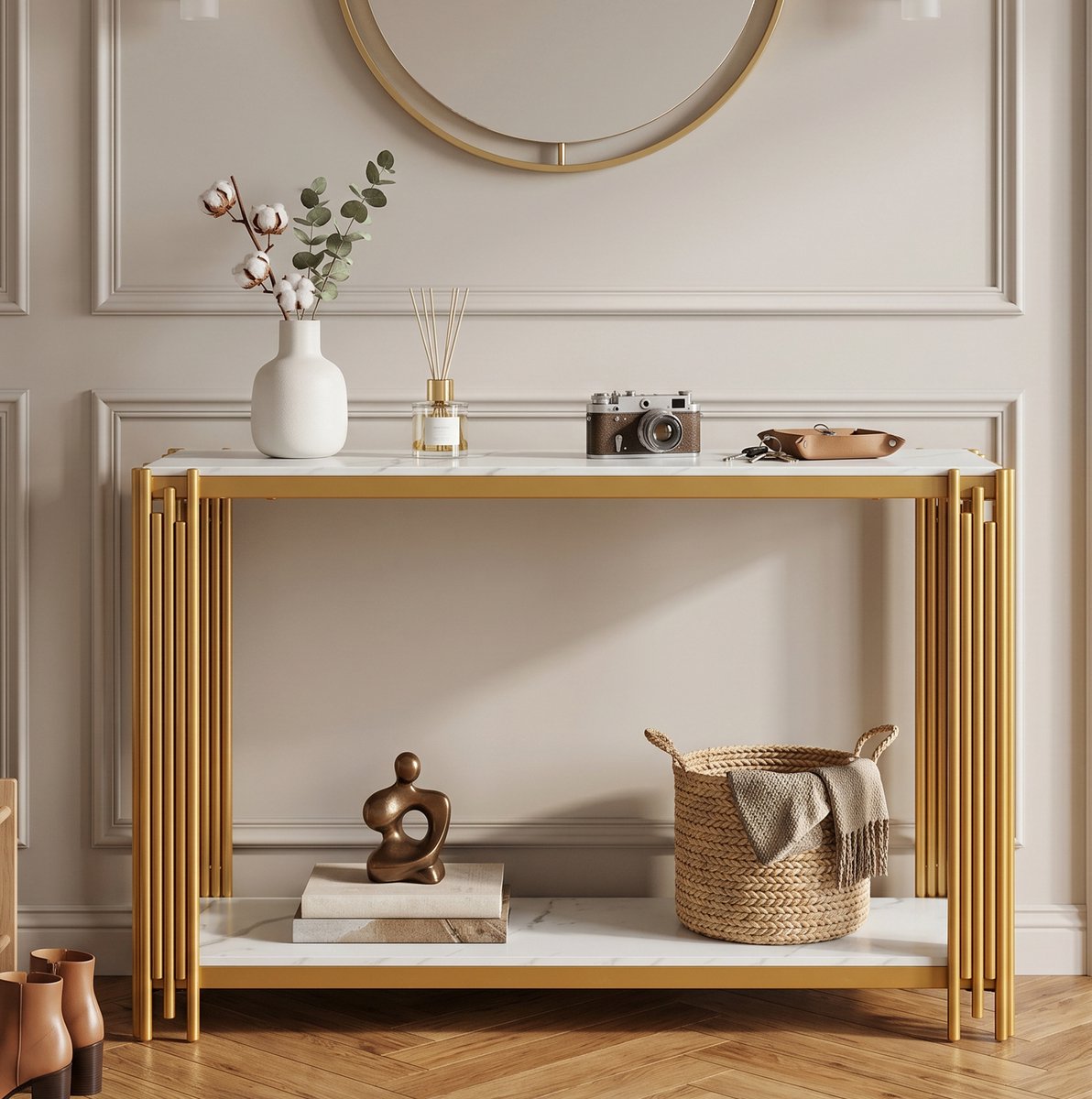 Wishdor Sidetable - Twee legplanken - Gouden metalen frame - Moderne stijl - Hal woonkamer slaapkamer - MDF marmerlook - Goud wit - 123,5 x 33,5 x 80 cm