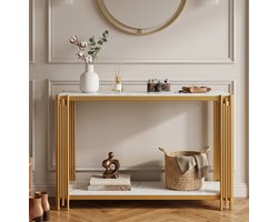 Wishdor Sidetable - Twee legplanken - Gouden metalen frame - Moderne stijl - Hal woonkamer slaapkamer - MDF marmerlook - Goud wit - 123,5 x 33,5 x 80 cm
