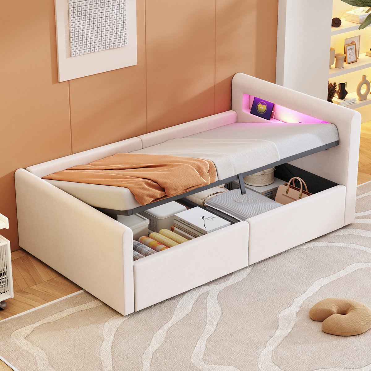 WUVRIE Gestoffeerd kinderbed 90x200 cm met LED, USB, opbergruimte en omkeerbare rugleuning, beige