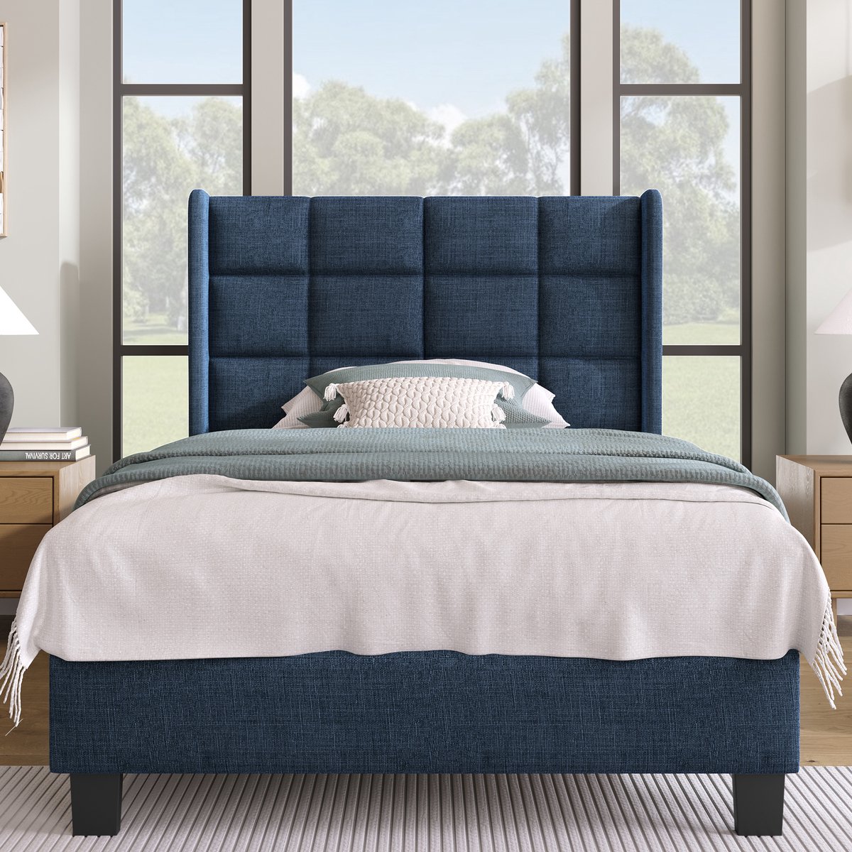 WUVRIE Polsterbed 90x200 cm met lattenbodem en hoog hoofdeinde, blauw