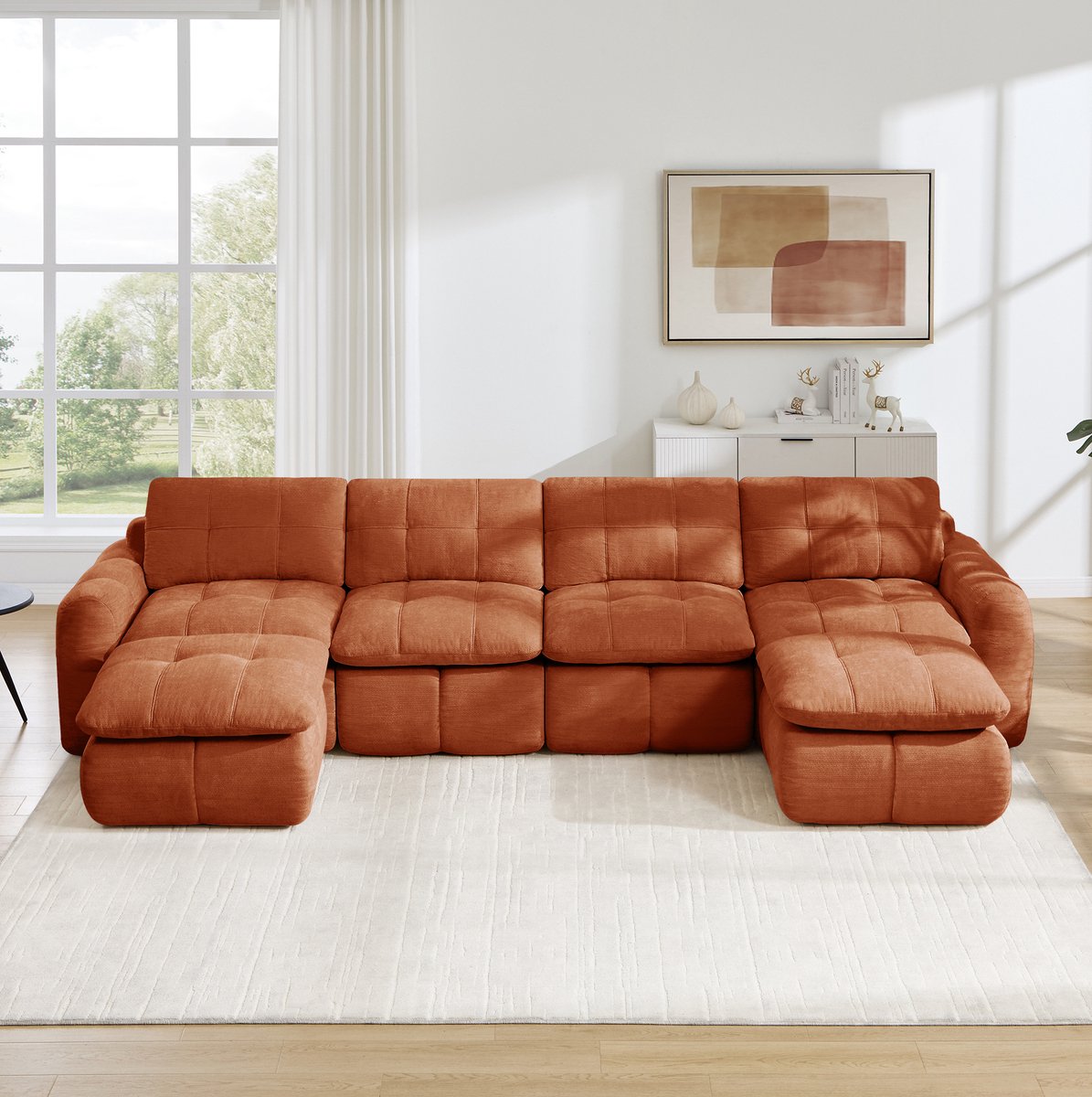 Wishdor U-bank - Modulair chenille - Gekapitonneerd - Breed en diep zitvlak - Design - Woonkamer appartement - Oranje - 334 x 160 x 68 cm
