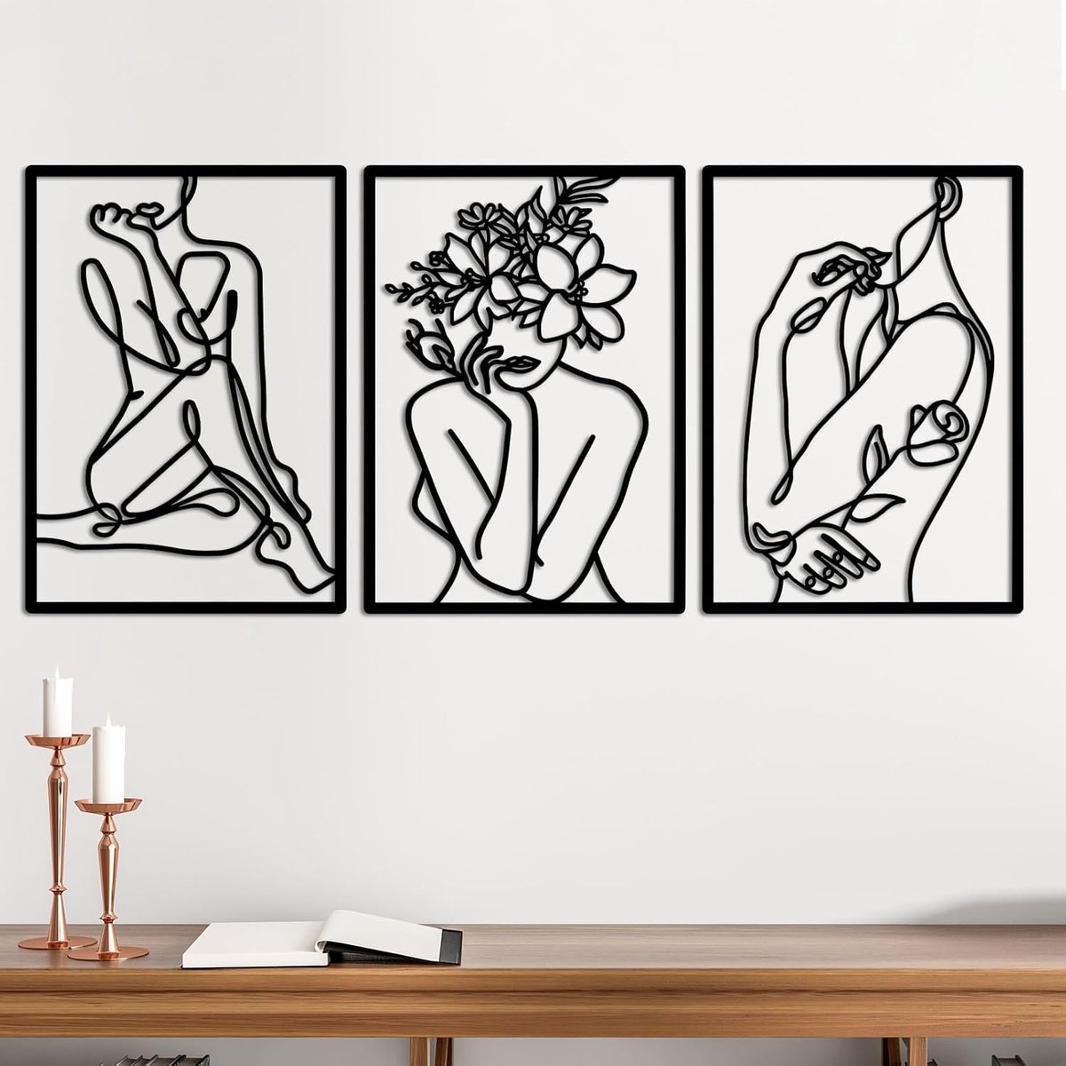 3 Stuks Metalen Wanddecoratie, Zwart Moderne Wandkunst, Abstracte Vrouw Silhouet Draad Kunstwerk voor Minimalistische Woonkamer en Slaapkamer Decoratie
