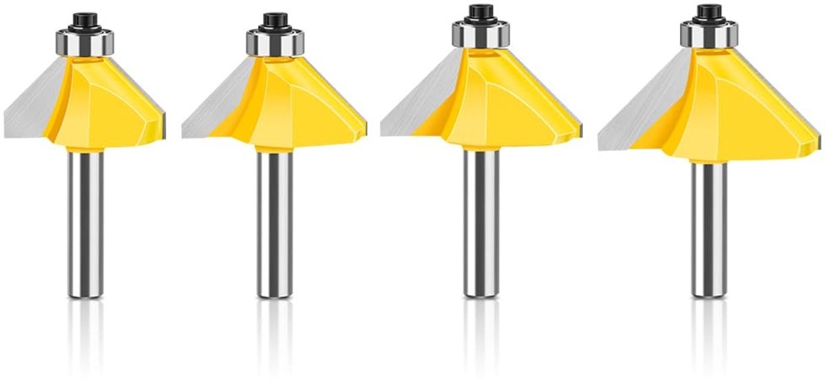 Professionele 8mm schacht 45 graden fasefrees set van 4 stuks voor precisiewerk met verschillende werk lengtes 18mm, 21mm, 23.5mm en 25.4mm