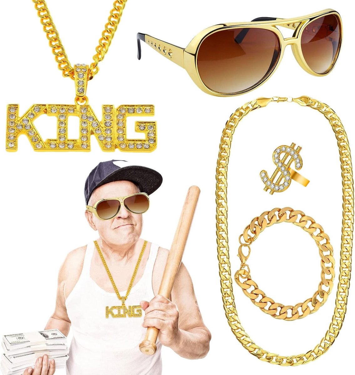 Gouden King Sign Ketting voor Mannen - Hip Hop Stijl, Punk Accessoires, Perfect voor Carnaval en Feestjes uit de Jaren '80 en '90