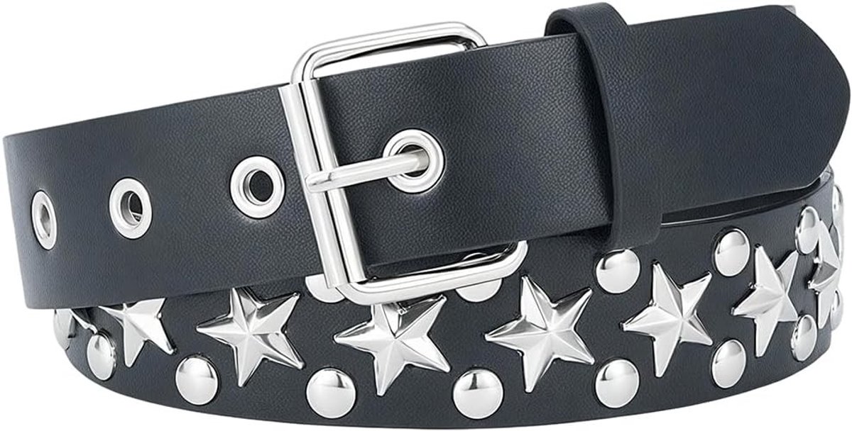 Punk Rock Leren Riem met Ster Rivets, 113 x 3.5 cm, Verstelbare Gothic Riem voor Mannen en Vrouwen, Zilveren Gesp, Stijlvolle Accessoires