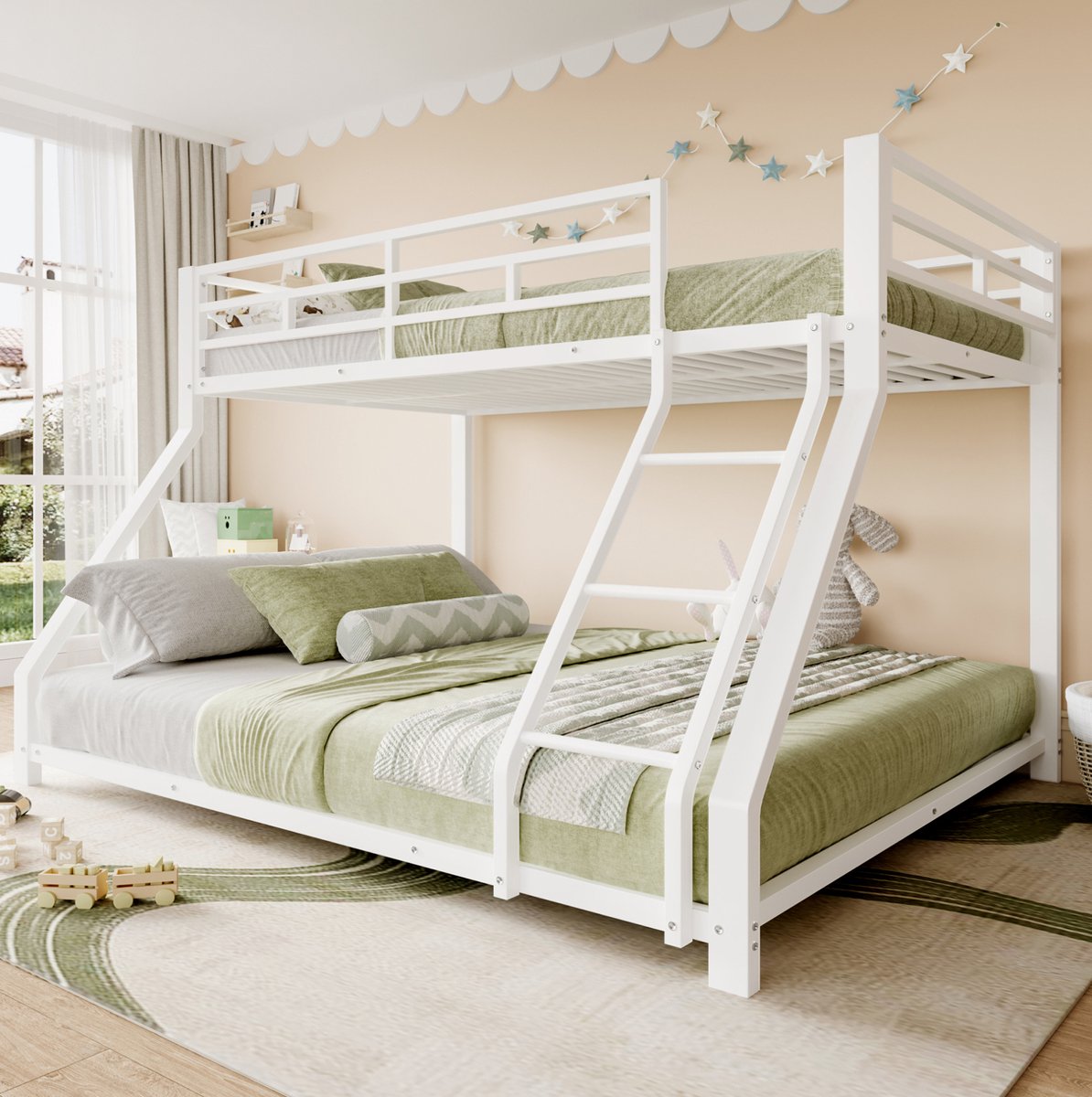 COVREO Stapelbed met trap – 204x144,5x136 cm – Kinderbed van metaal met veiligheidshek – voor kinderkamer – Wit - zonder matras