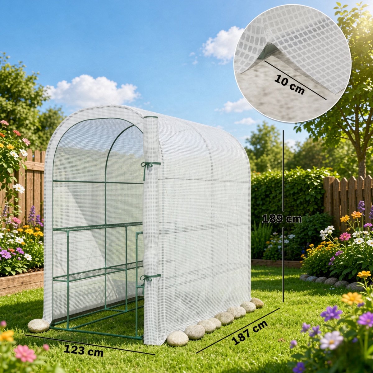 REDOM - Tuinkas - Met twee lagen zijplanken - Oprolbare ritssluitingdeur - Stalen frame - Voor tuin en terras - PE en staal - Wit - 123 x 187 x 189 cm