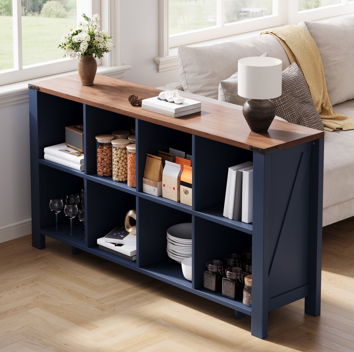 MIVRAY Dressoir Met 8 Open Vakken Voor Woonkamer Keuken En Eetkamer MDF Blauw 140 X 34 X 75 Cm Modern Opbergmeubel