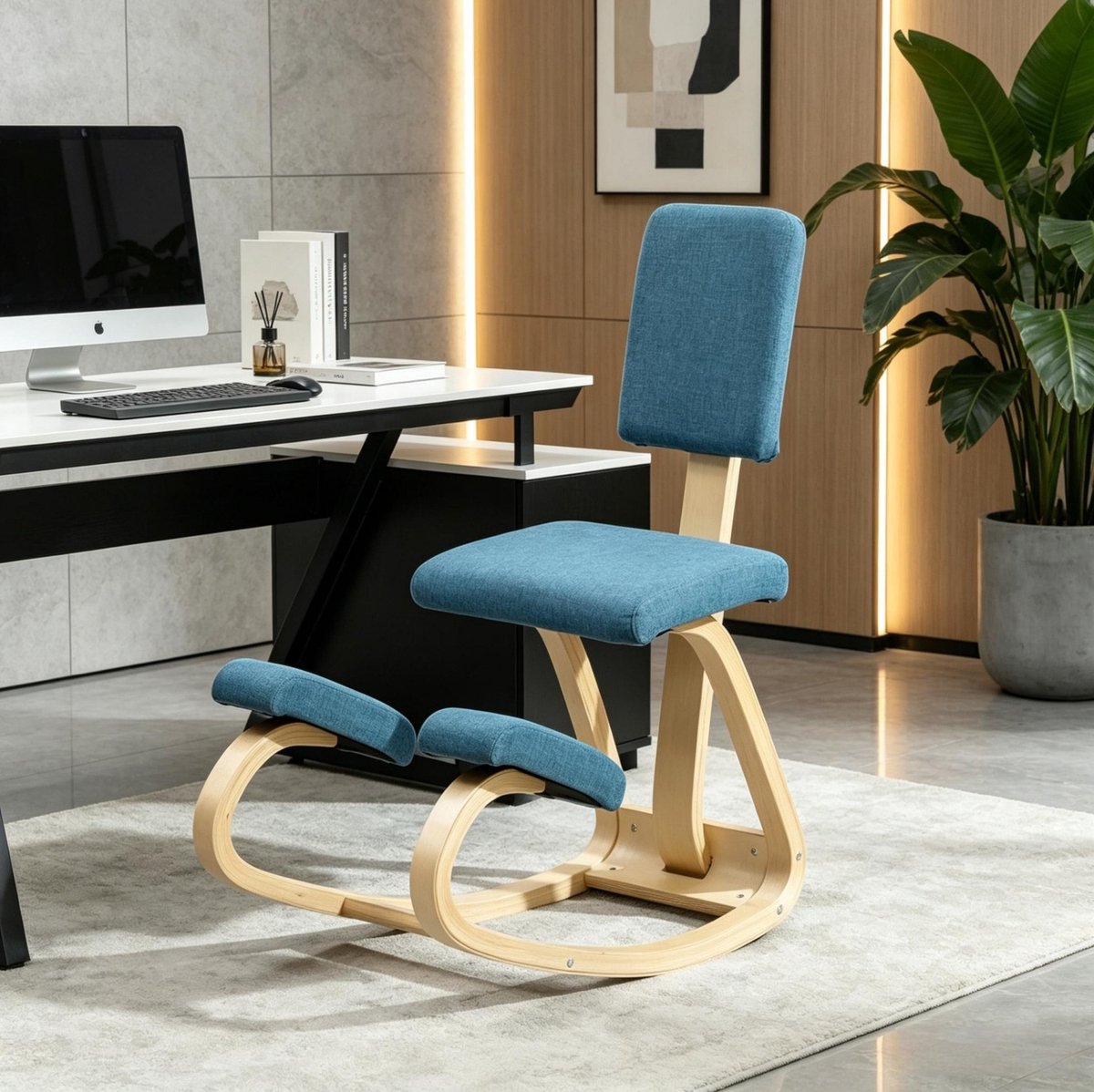 REDOM - Ergonomische kniestoel met rugleuning - Schommelmechanisme - Berkenhouten frame - Stof en hout - Bureau, meditatie en thuiswerk - 51 x 84 x 93 cm