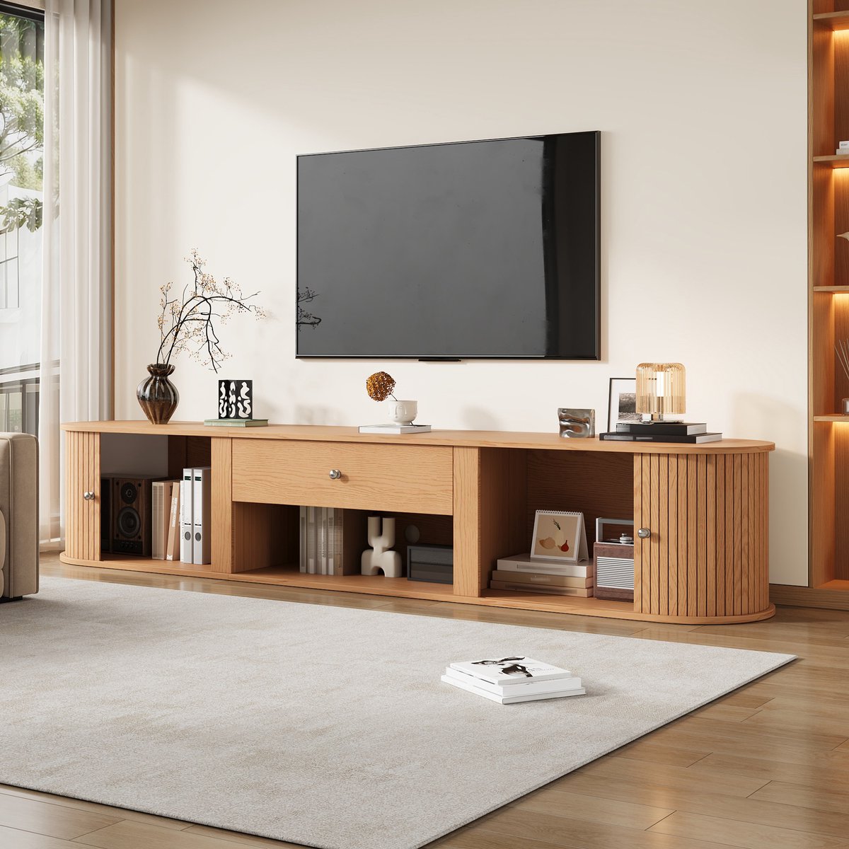 MODENUIT Televisiemeubel - 2 Roldeuren, Lade En Open Vak - Voor Woonkamer - Spaanplaat - Naturel - 180x40x40 cm
