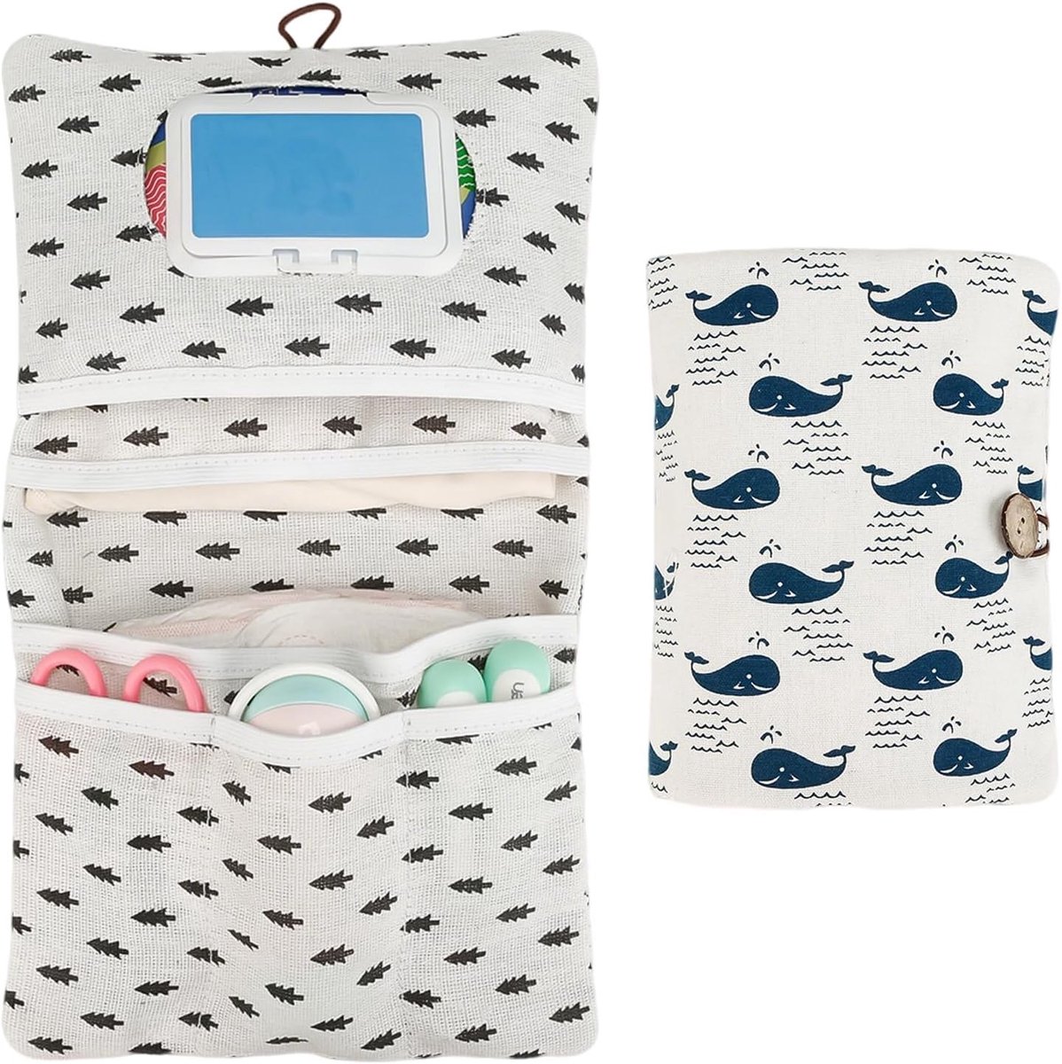 Opvouwbare luiertas met mat en organizer, 2-in-1 design, ideaal voor onderweg met zakdoekjes en 3 motieven