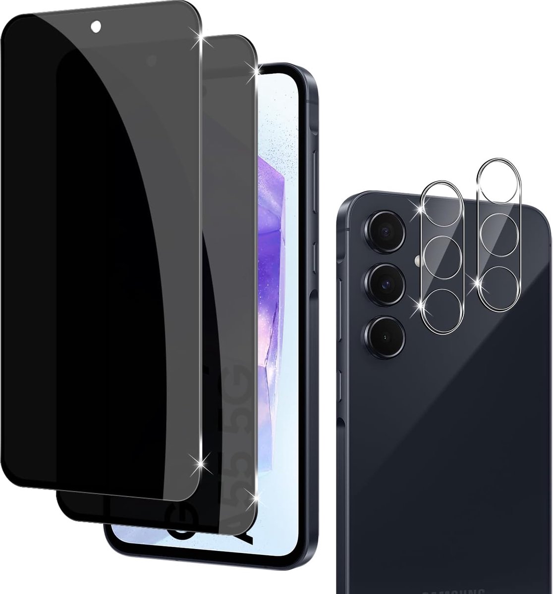 Inkijkbescherming voor Samsung Galaxy A55 5G, beschermfolie voor pantserglas en camerabeschermfolie, 2 + 2 stuks, anti-spy privacy, privacyfolie, beschermt displaybeschermfolie privacy