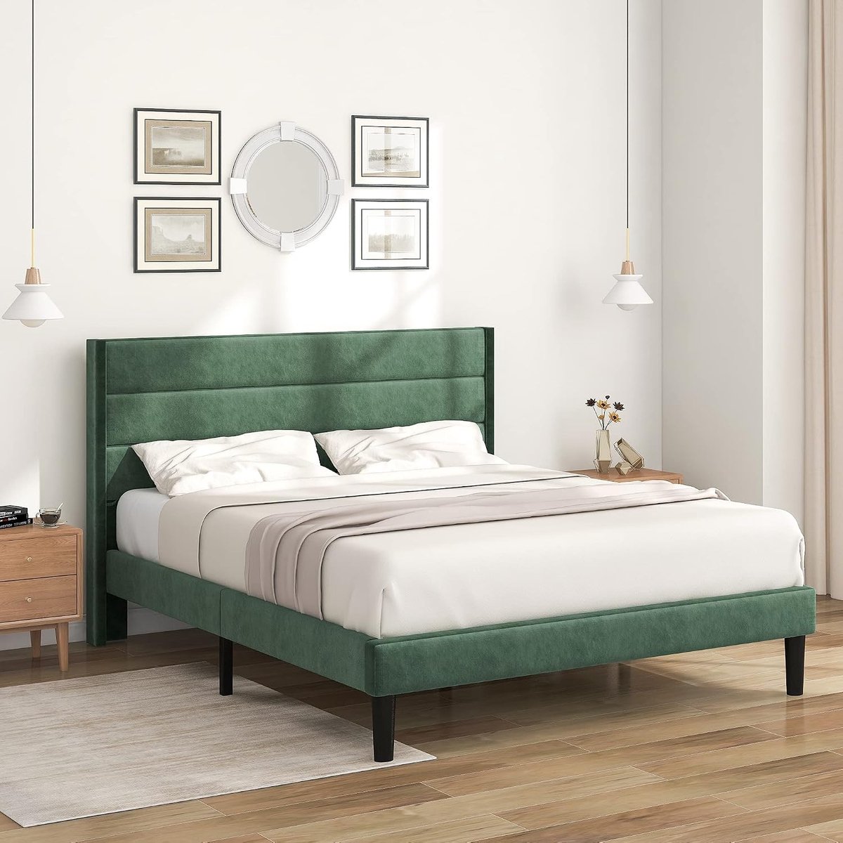 Gestoffeerd bed 140 x 200 cm, bedframe met lattenbodem en hoofdeinde, gevoerd tweepersoonsbed, textielovertrek, fluweel, tijdloos modern design, tienerbed (donkergroen, 140 x 200 cm)