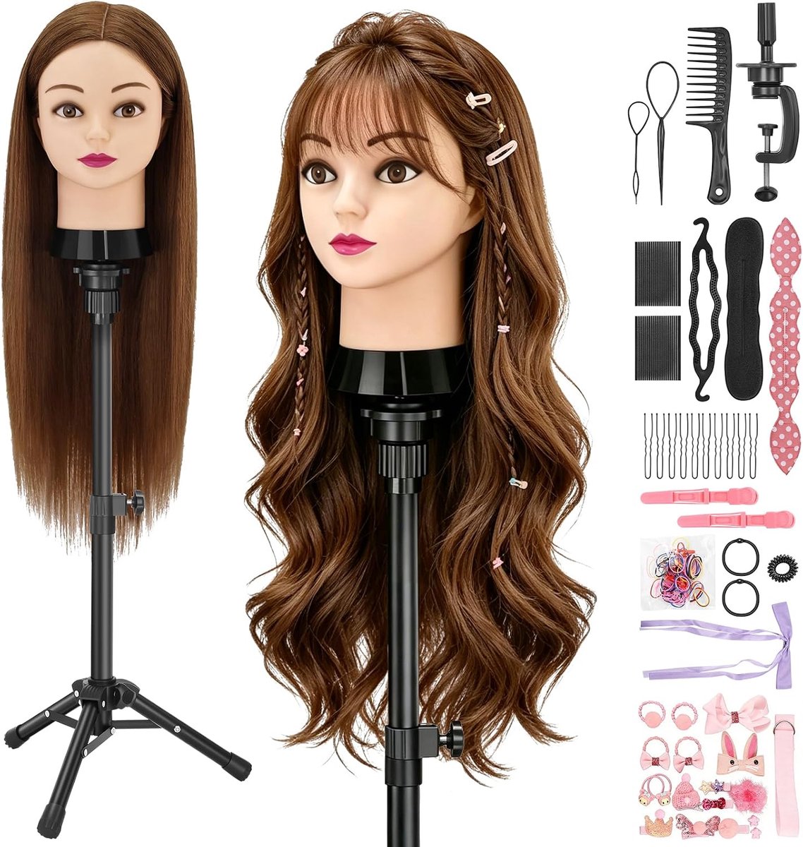24 inch 80% Oefenhoofd kapper echt haar met statief voor hairstyling,hair doll head for training real hair kappershoofd oefenhoofd Mannequin Hair Oefenpop Kappershoofd kapperspop voor vlechten