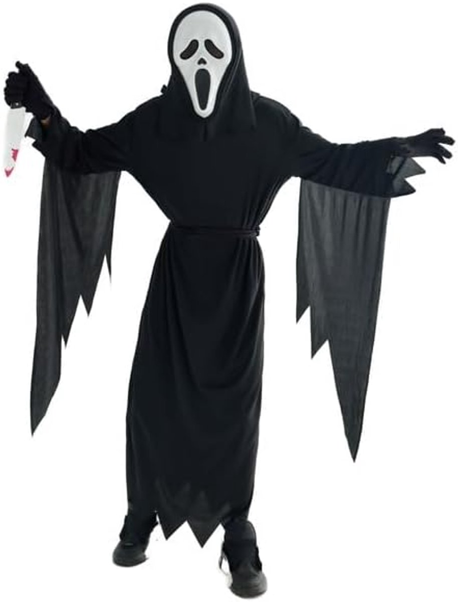 Spookgezicht cosplaykostuum voor Halloween en carnaval met speelgoedmes en masker