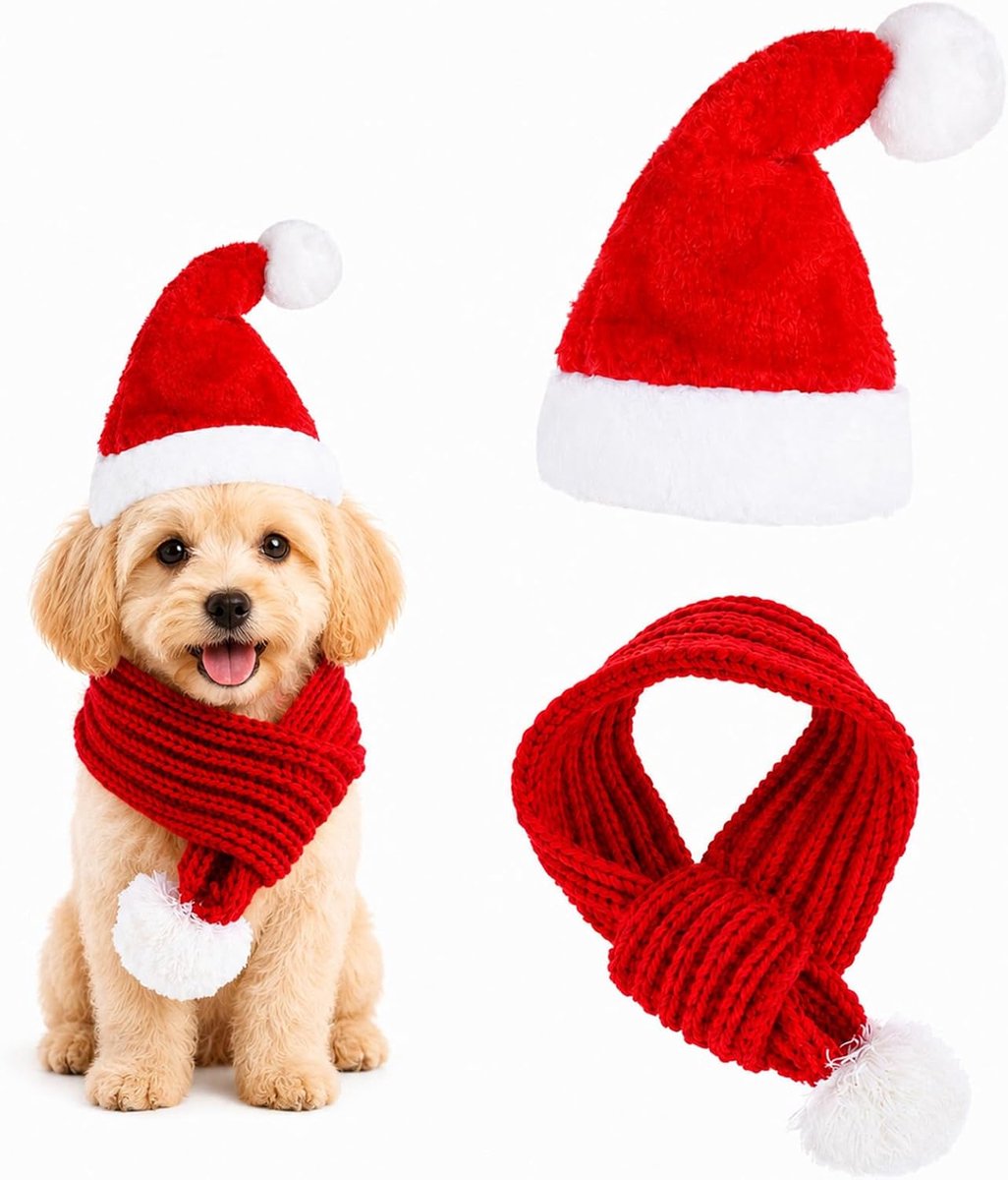 2 stuks kerstsjaal kerstmuts set katten honden kostuum, L