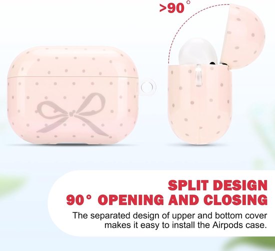 Roze beschermhoes voor Airpods Pro 2 gen, mooi design met grijze strik en stippenpatroon, met sleutelhanger voor meisjes en vrouwen, zachte TPU-behuizing voor Airpods Pro 2e generatie — afbeelding 4