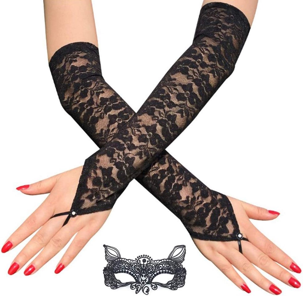 1 Paar Lange Kant Handschoenen, Kant Vingerloze Handschoenen Half Vinger Handschoenen, Zwarte Kant Handschoenen Met 1 ST Zwart Kant Kat Masker Fancy Halloween Accessoires Voor Vrouwen Party