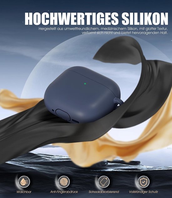 Hoesje voor Airpods 4 (2024) met sleutelhanger, led aan de voorkant, zachte siliconen schokbestendige hoes, ondersteuning voor draadloos opladen - blauw (Midnight Blue) — afbeelding 3