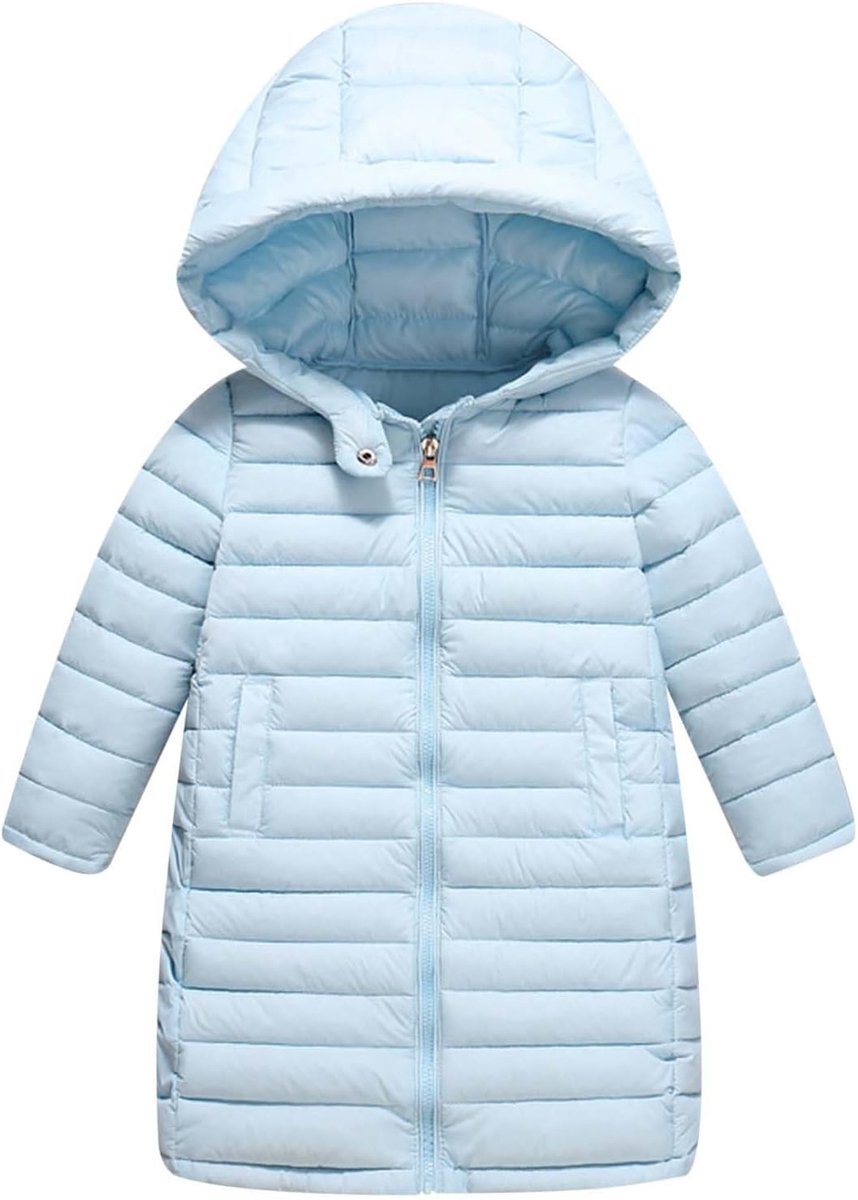 Lange donsjas voor kinderen, jas met capuchon en ritssluiting, licht, voor jongens, buitenkleding, winter (blauw, 3-4 jaar)