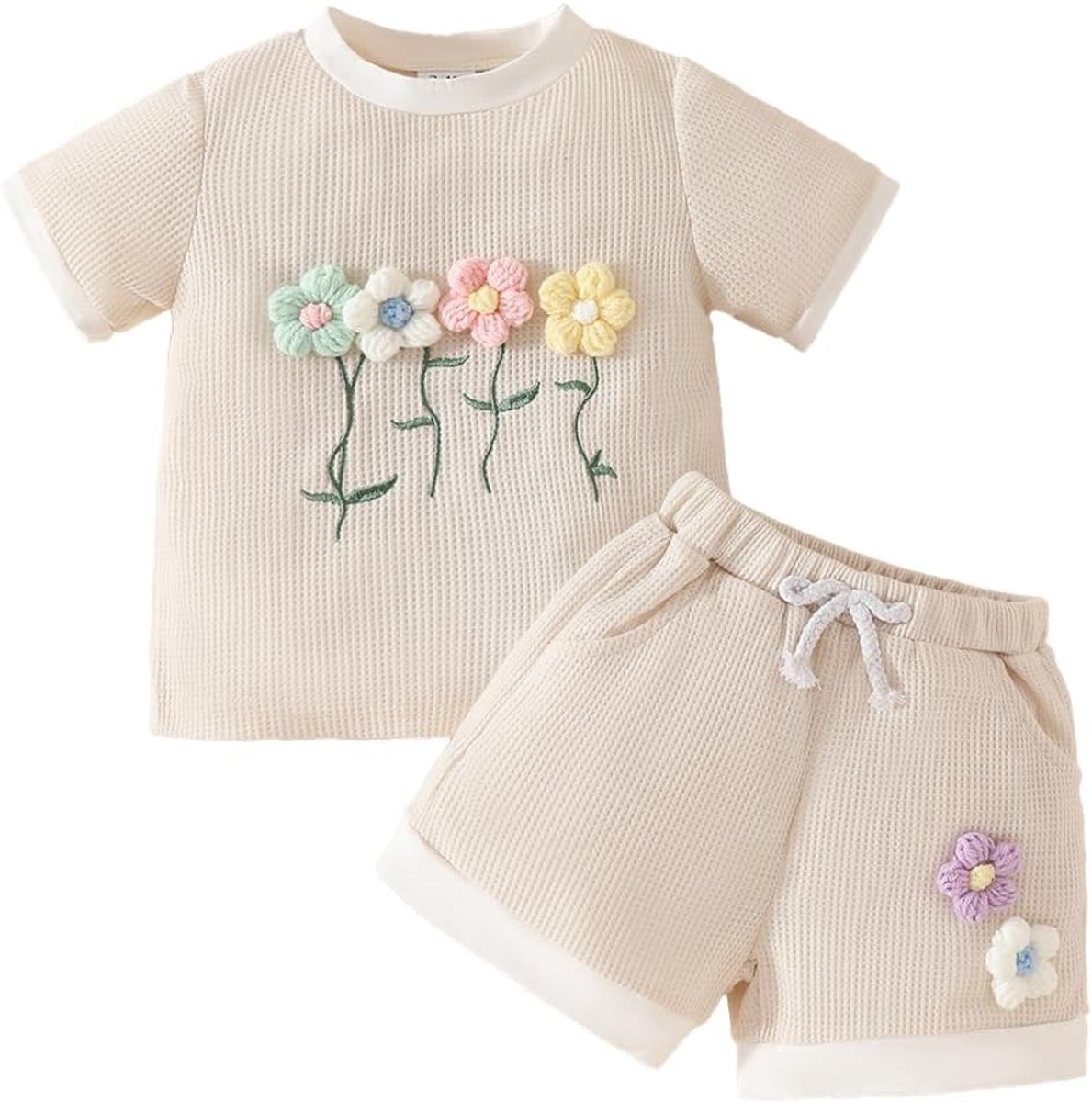 Zomerkleding voor meisjes, korte mouwen, 3D-bloemen, T-shirt en shorts, 2-delig, mooie wafelset voor baby's