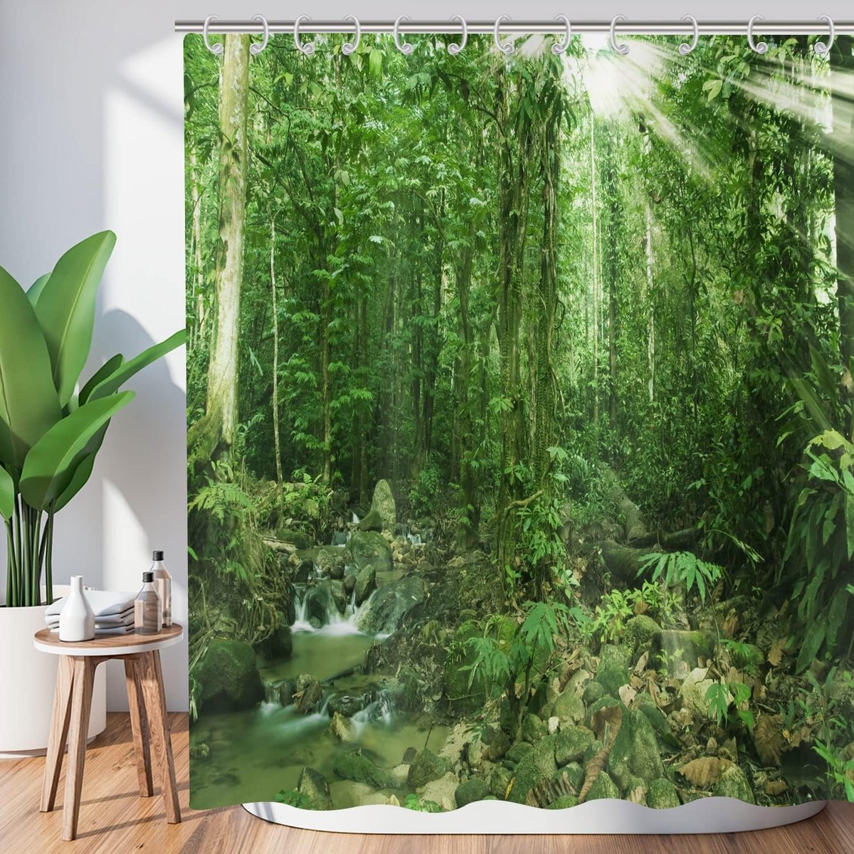 Douchegordijn 120 x 180, Hnmdmyi tropische jungle regenwoud groene boom plant natuur landschap landschap badkamer gordijnen met haken waterdicht polyester stof wasbare badgordijnen voor natte ruimte